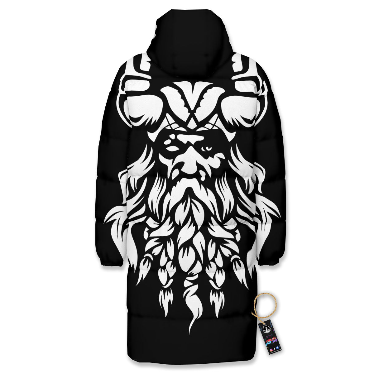 Viking God Odin White And Black Print Long Down Jacket