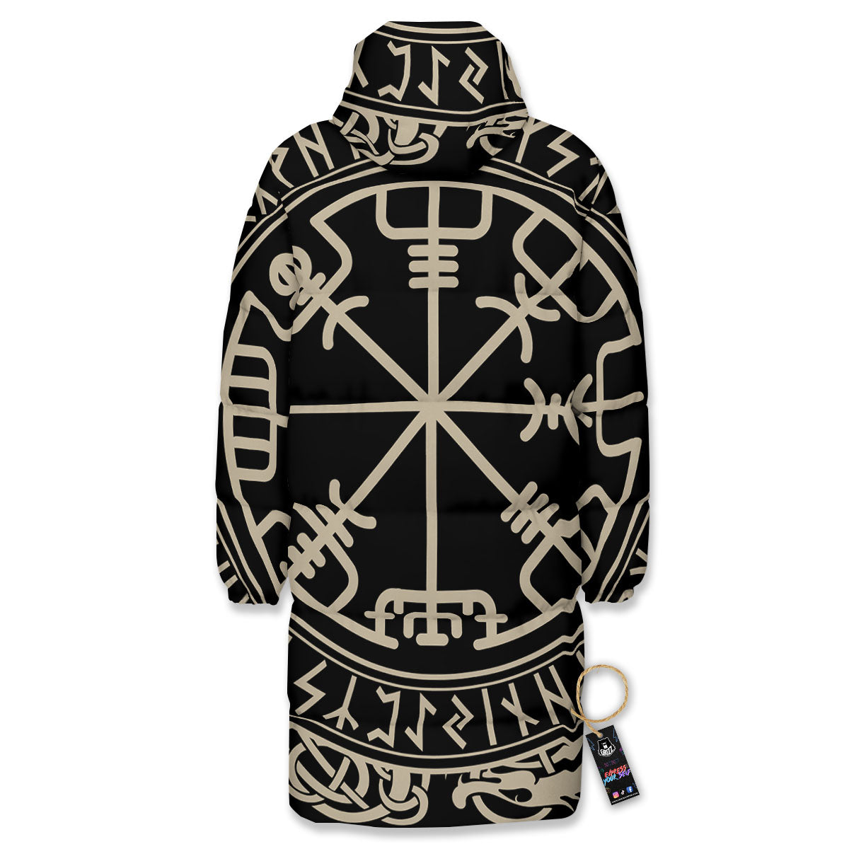 Viking Helm Of Terror Scandinavian Print Long Down Jacket