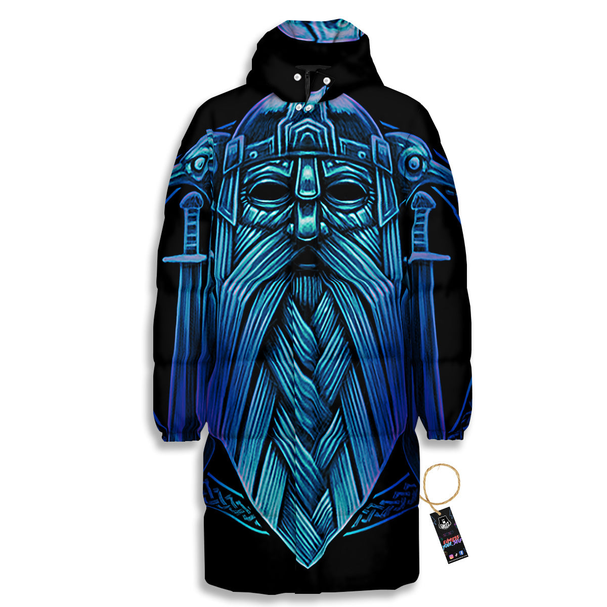 Viking Norse God Odin Blue Print Long Down Jacket