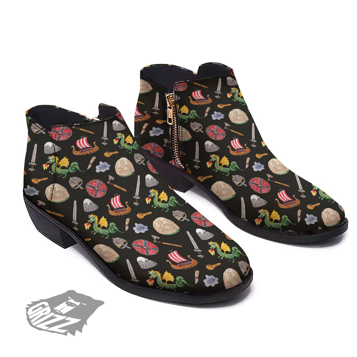 Vikings Watercolor Cartoon Style Print Pattern Ankle Boots-grizzshop