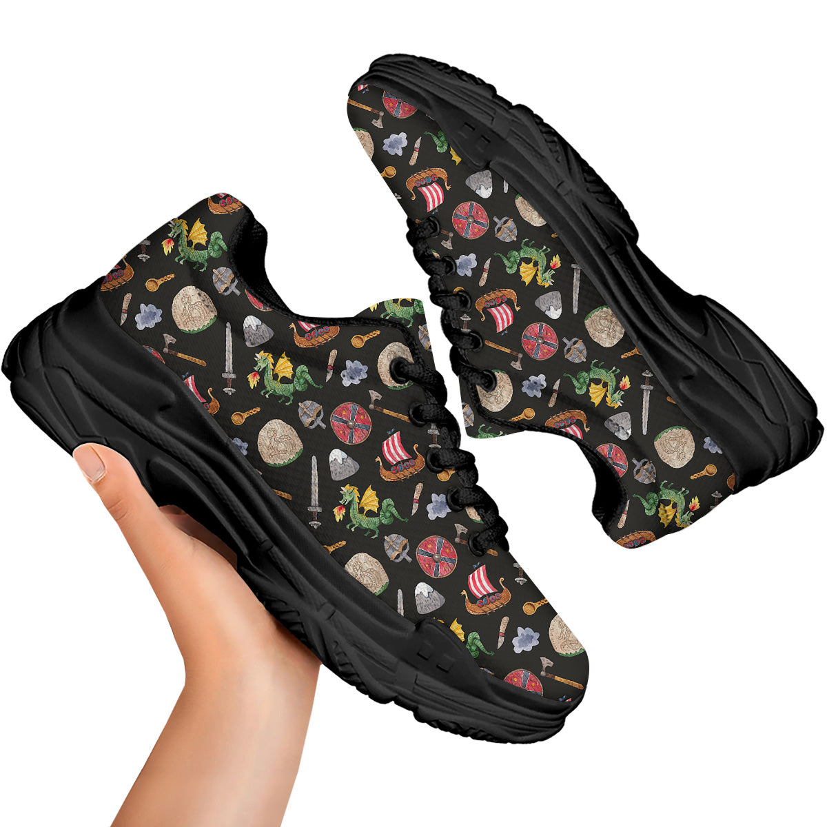 Vikings Watercolor Cartoon Style Print Pattern Black Chunky Shoes-grizzshop