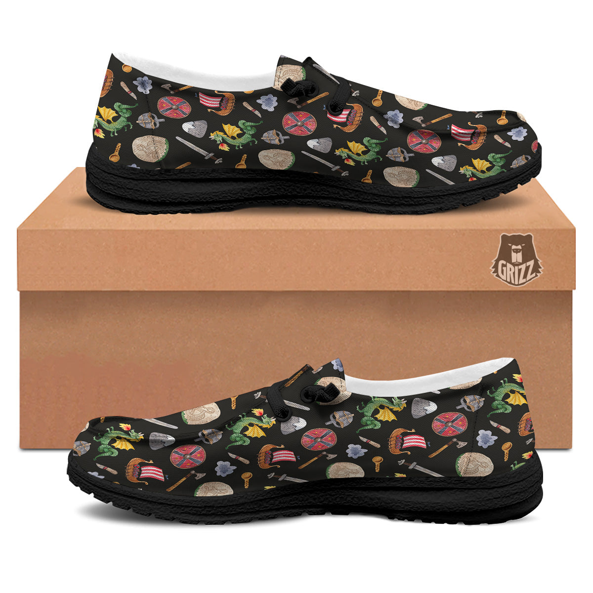 Vikings Watercolor Cartoon Style Print Pattern Black Loafers-grizzshop