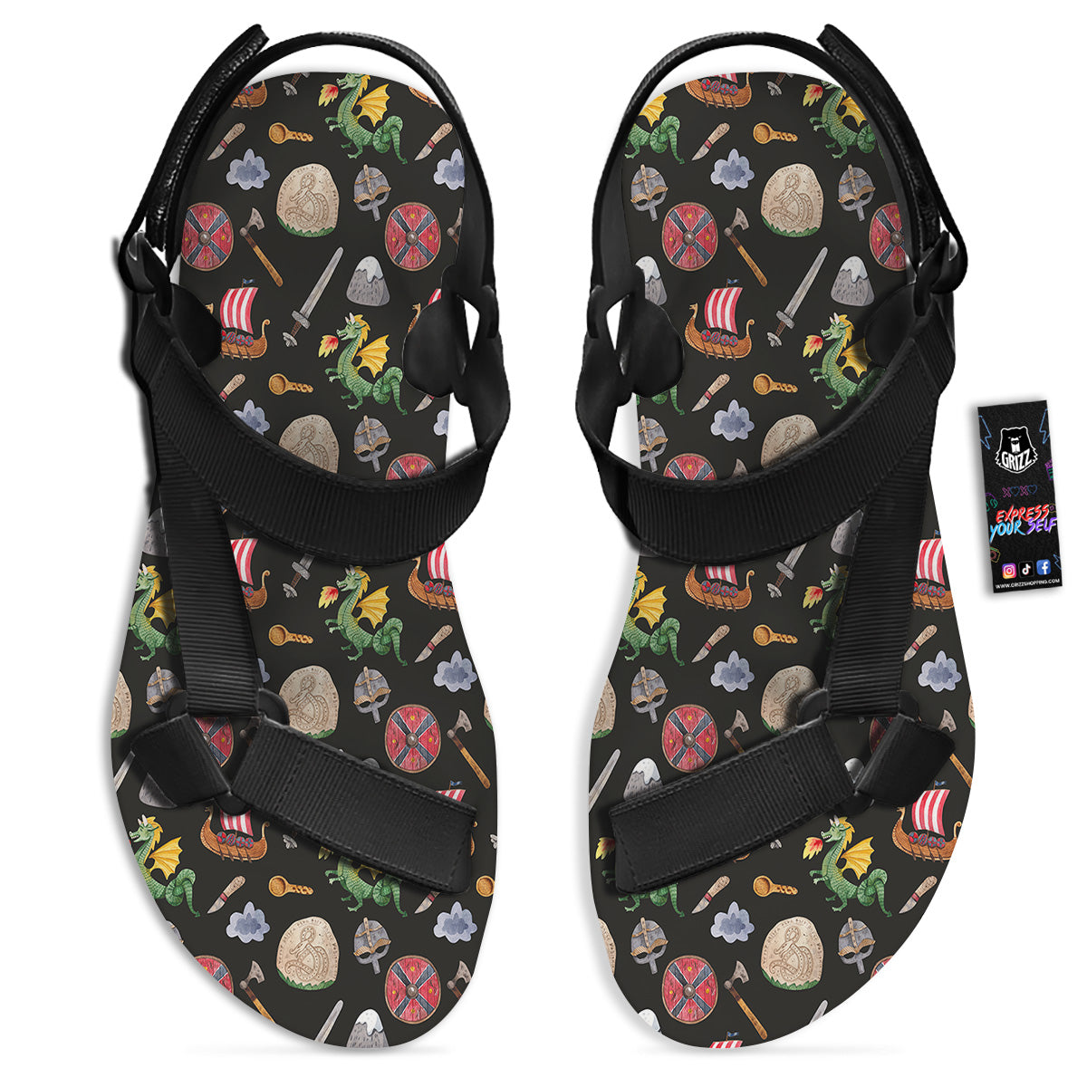Vikings Watercolor Cartoon Style Print Pattern Black Open Toe Sandals-grizzshop