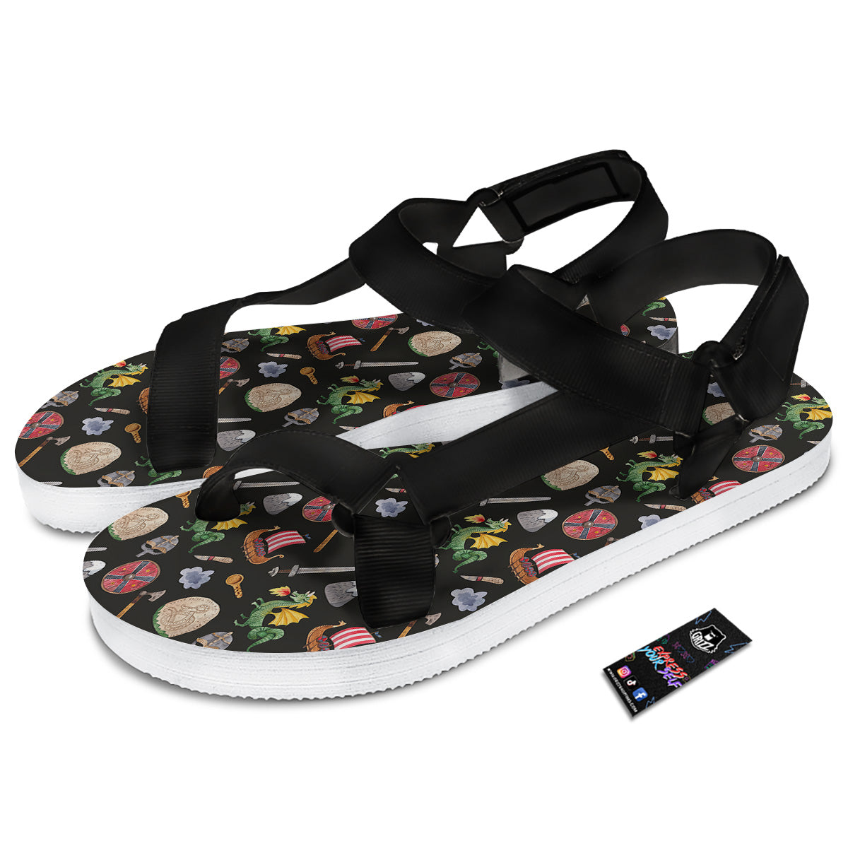 Vikings Watercolor Cartoon Style Print Pattern Black Open Toe Sandals-grizzshop