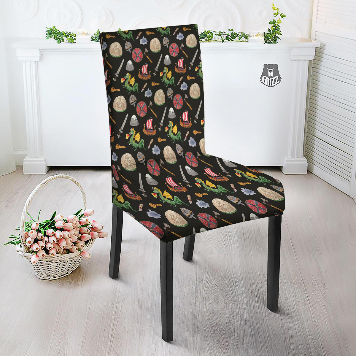 Vikings Watercolor Cartoon Style Print Pattern Dining Chair Slipcover-grizzshop