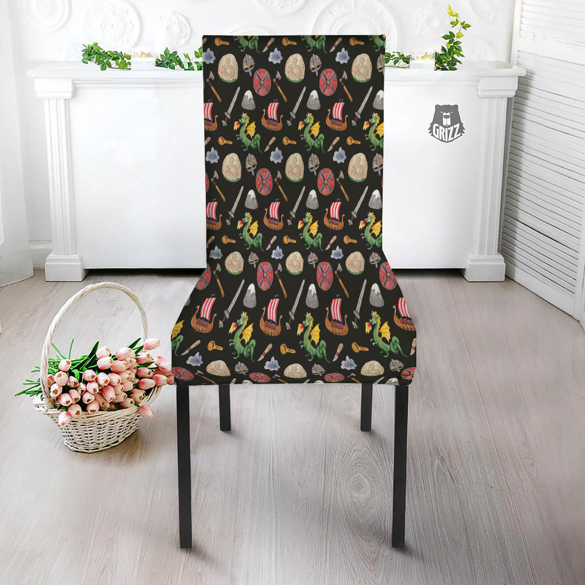 Vikings Watercolor Cartoon Style Print Pattern Dining Chair Slipcover-grizzshop