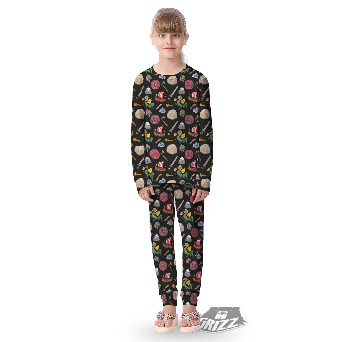 Vikings Watercolor Cartoon Style Print Pattern Kid's Pajamas-grizzshop