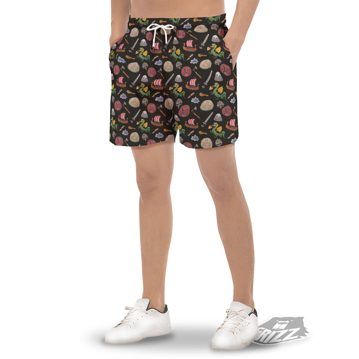 Vikings Watercolor Cartoon Style Print Pattern Men's Gym Shorts-grizzshop
