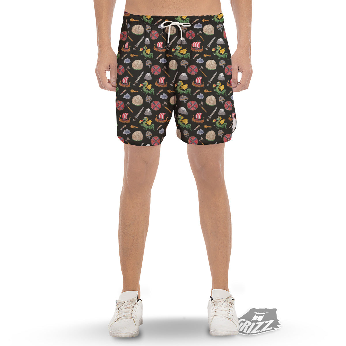 Vikings Watercolor Cartoon Style Print Pattern Men's Gym Shorts-grizzshop