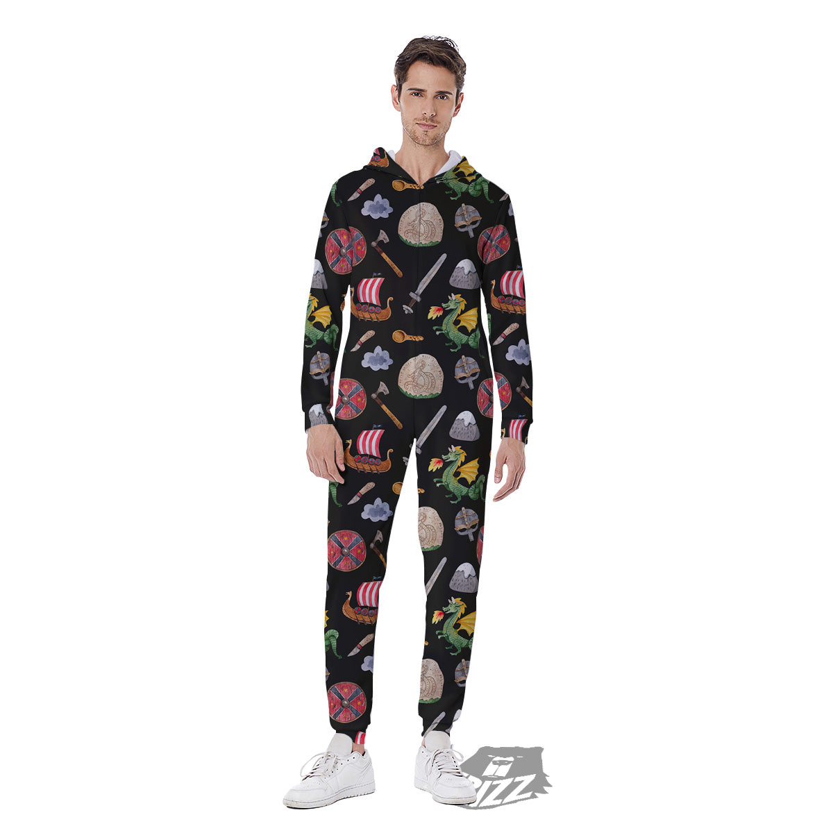 Vikings Watercolor Cartoon Style Print Pattern Men's Jumpsuit-grizzshop