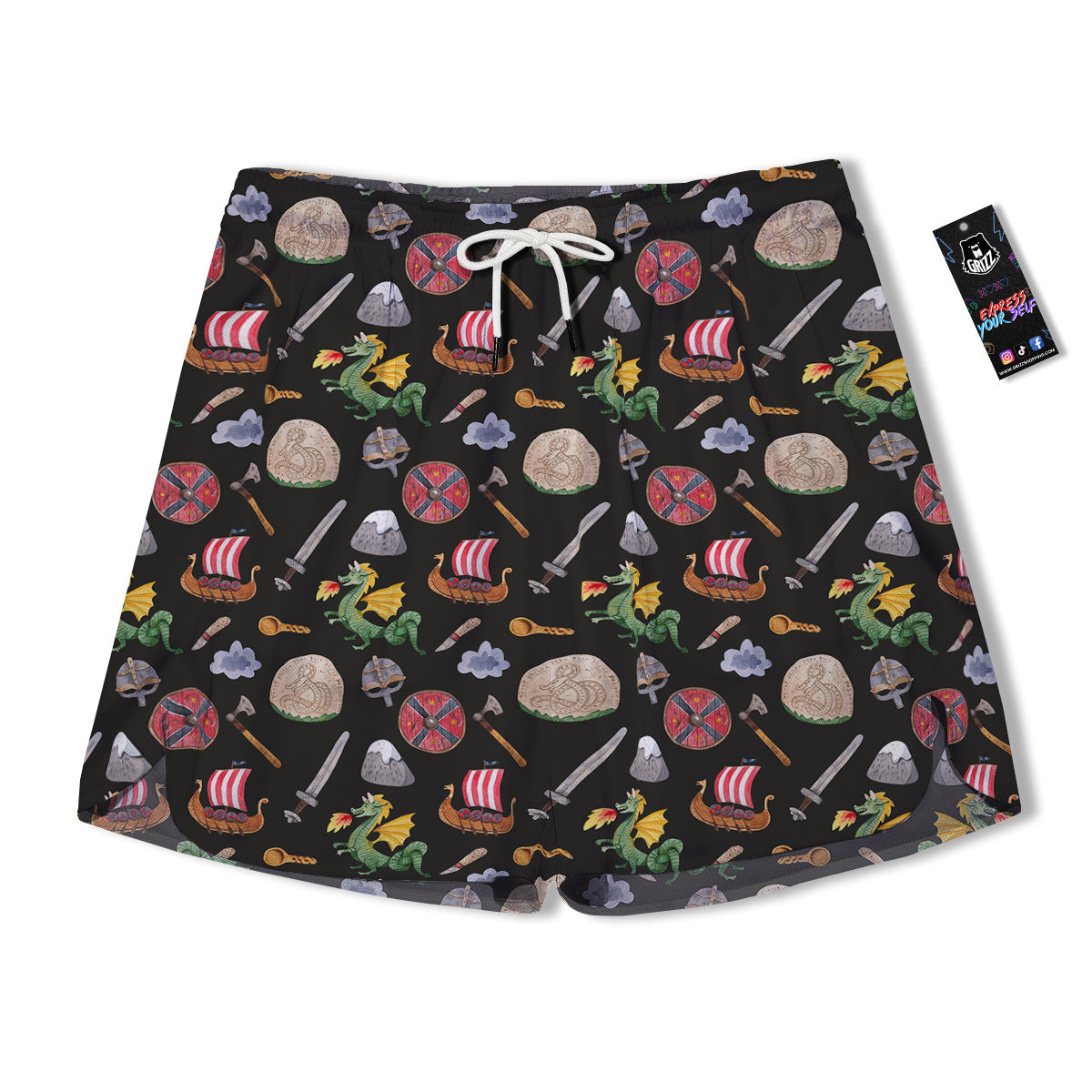 Vikings Watercolor Cartoon Style Print Pattern Men's Running Shorts-grizzshop
