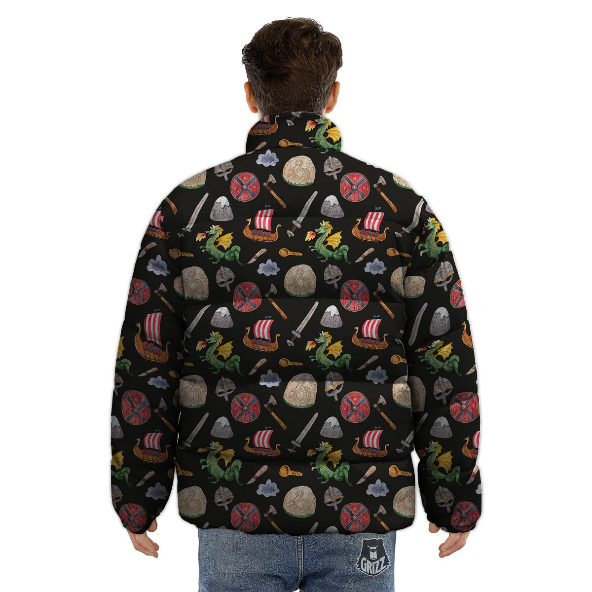 Vikings Watercolor Cartoon Style Print Pattern Puffer Jacket-grizzshop