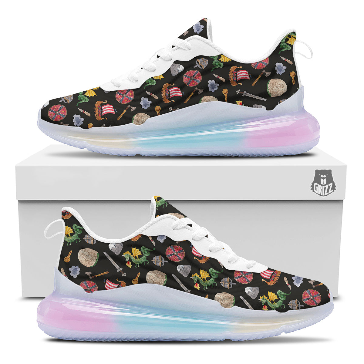 Vikings Watercolor Cartoon Style Print Pattern Running Sneakers-grizzshop
