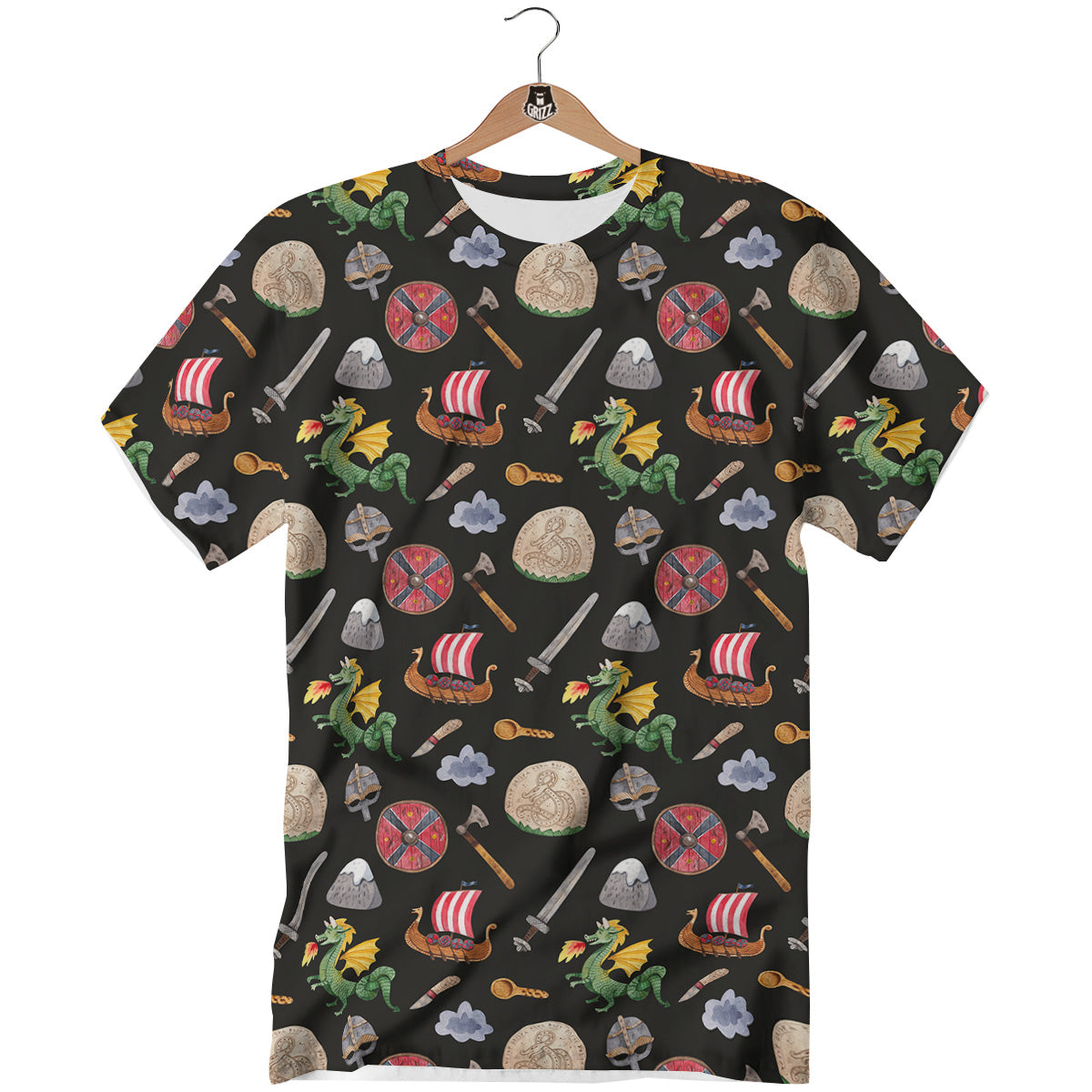 Vikings Watercolor Cartoon Style Print Pattern T-Shirt-grizzshop