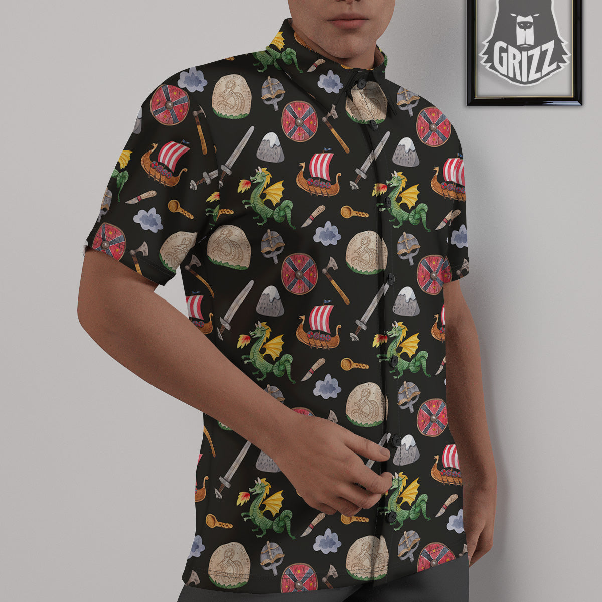 Vikings Watercolor Cartoon Style Print Pattern Untucked Shirts-grizzshop