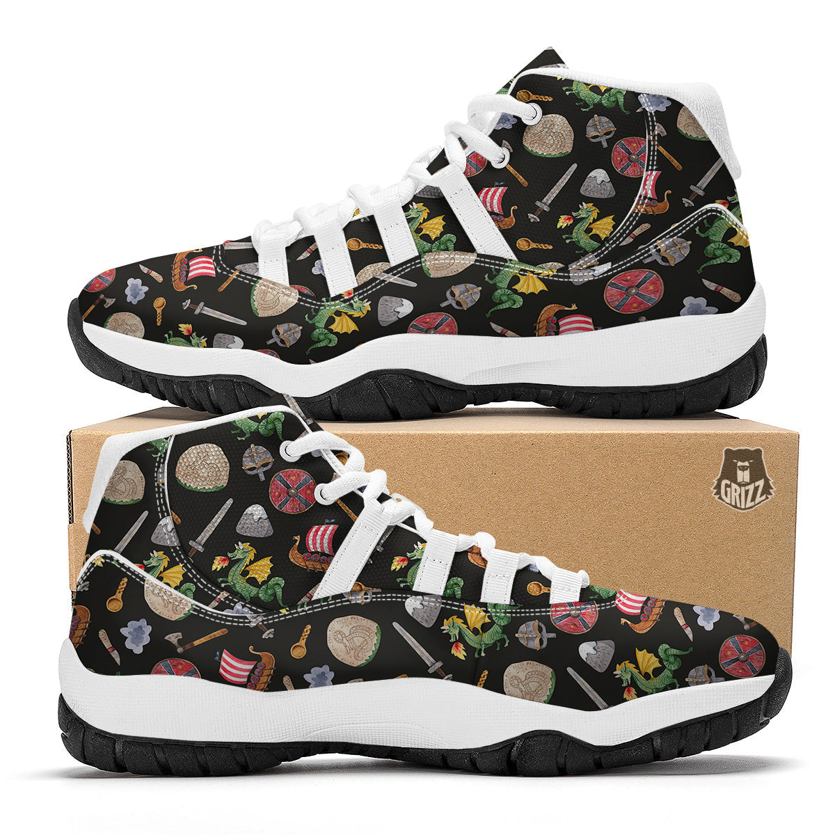 Vikings Watercolor Cartoon Style Print Pattern White Bball Shoes-grizzshop