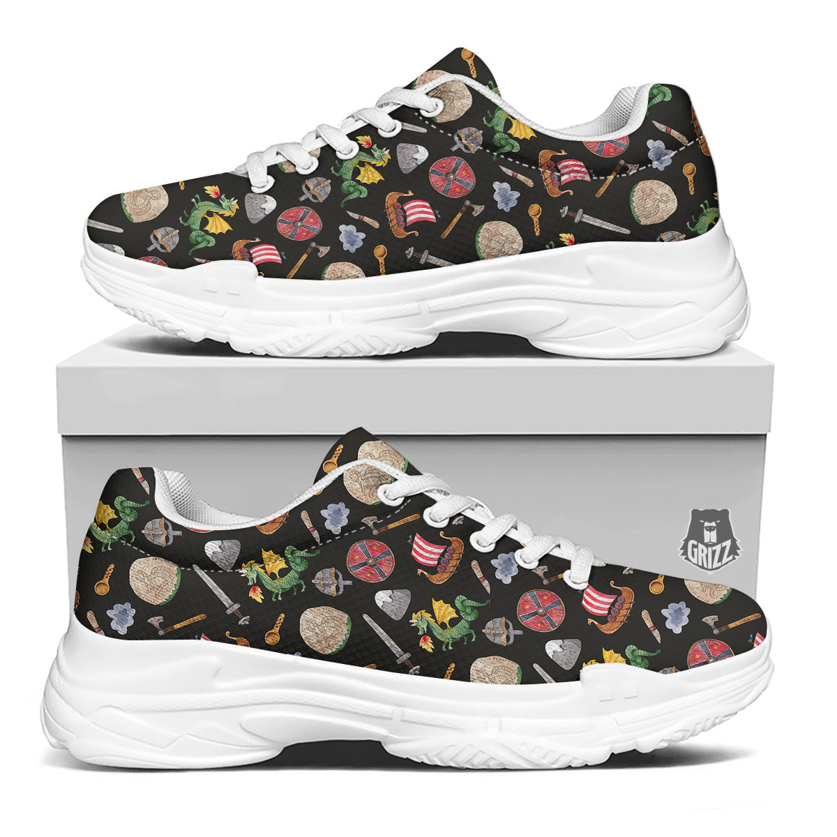 Vikings Watercolor Cartoon Style Print Pattern White Chunky Shoes-grizzshop