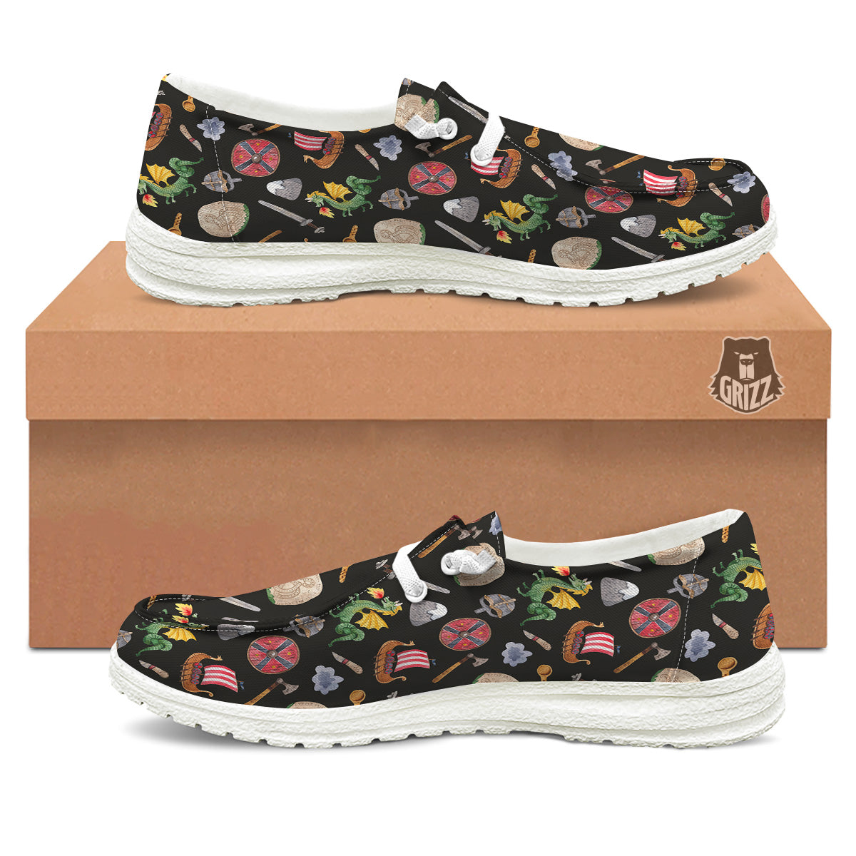 Vikings Watercolor Cartoon Style Print Pattern White Loafers-grizzshop