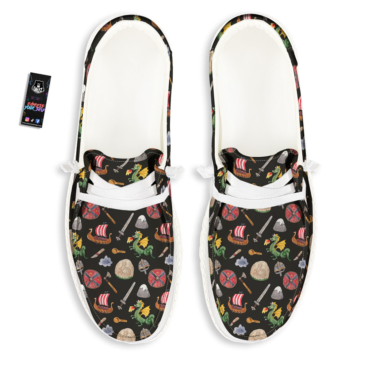 Vikings Watercolor Cartoon Style Print Pattern White Loafers-grizzshop