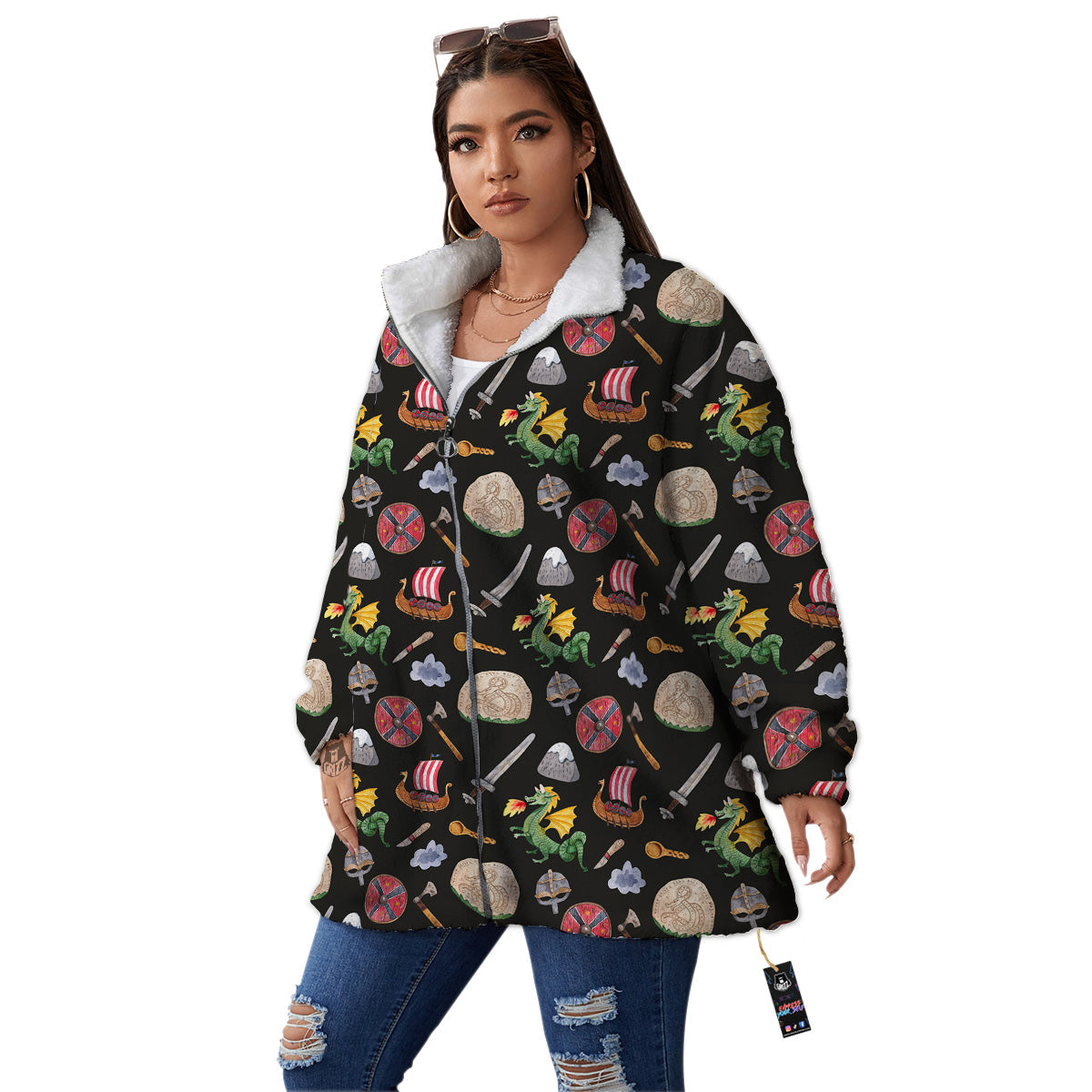 Vikings Watercolor Cartoon Style Print Pattern Women's Sherpa Jacket-grizzshop