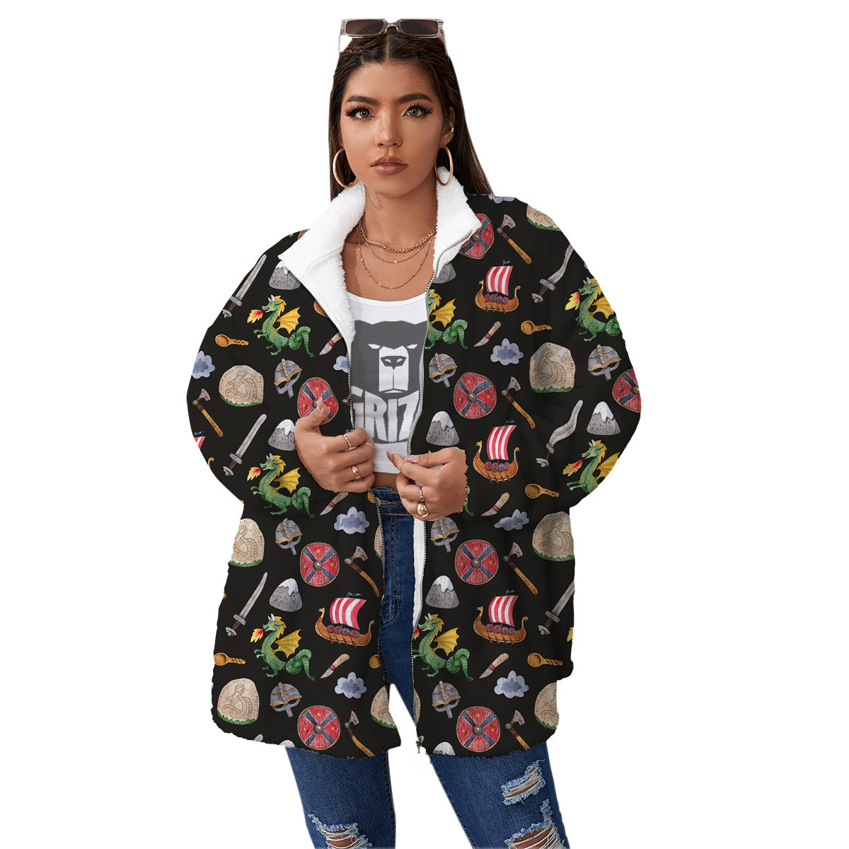 Vikings Watercolor Cartoon Style Print Pattern Women's Sherpa Jacket-grizzshop