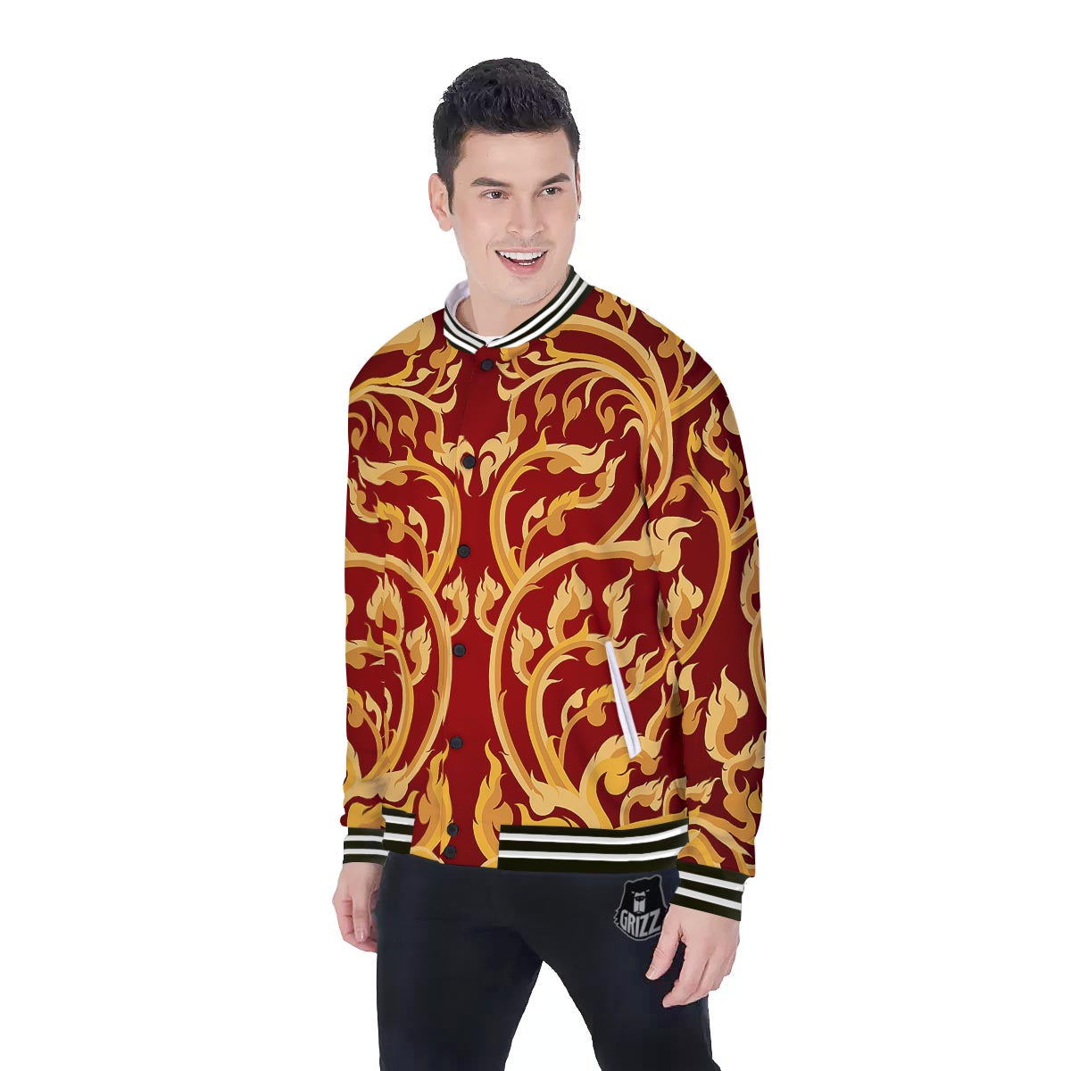 Vines Thai Winding Print Baseball Jacket-grizzshop