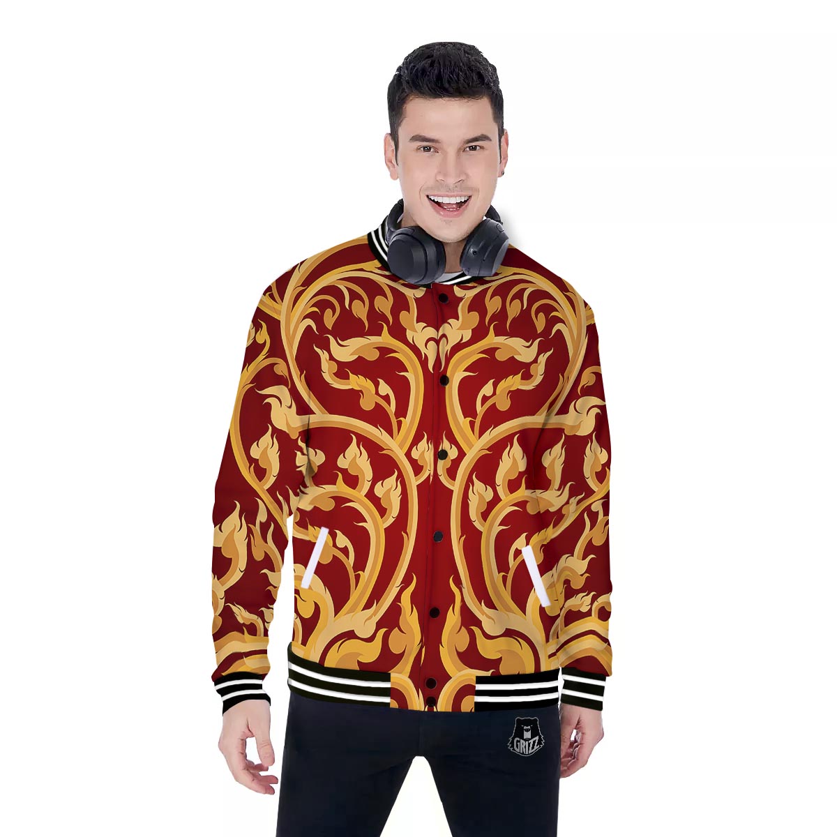 Vines Thai Winding Print Baseball Jacket-grizzshop