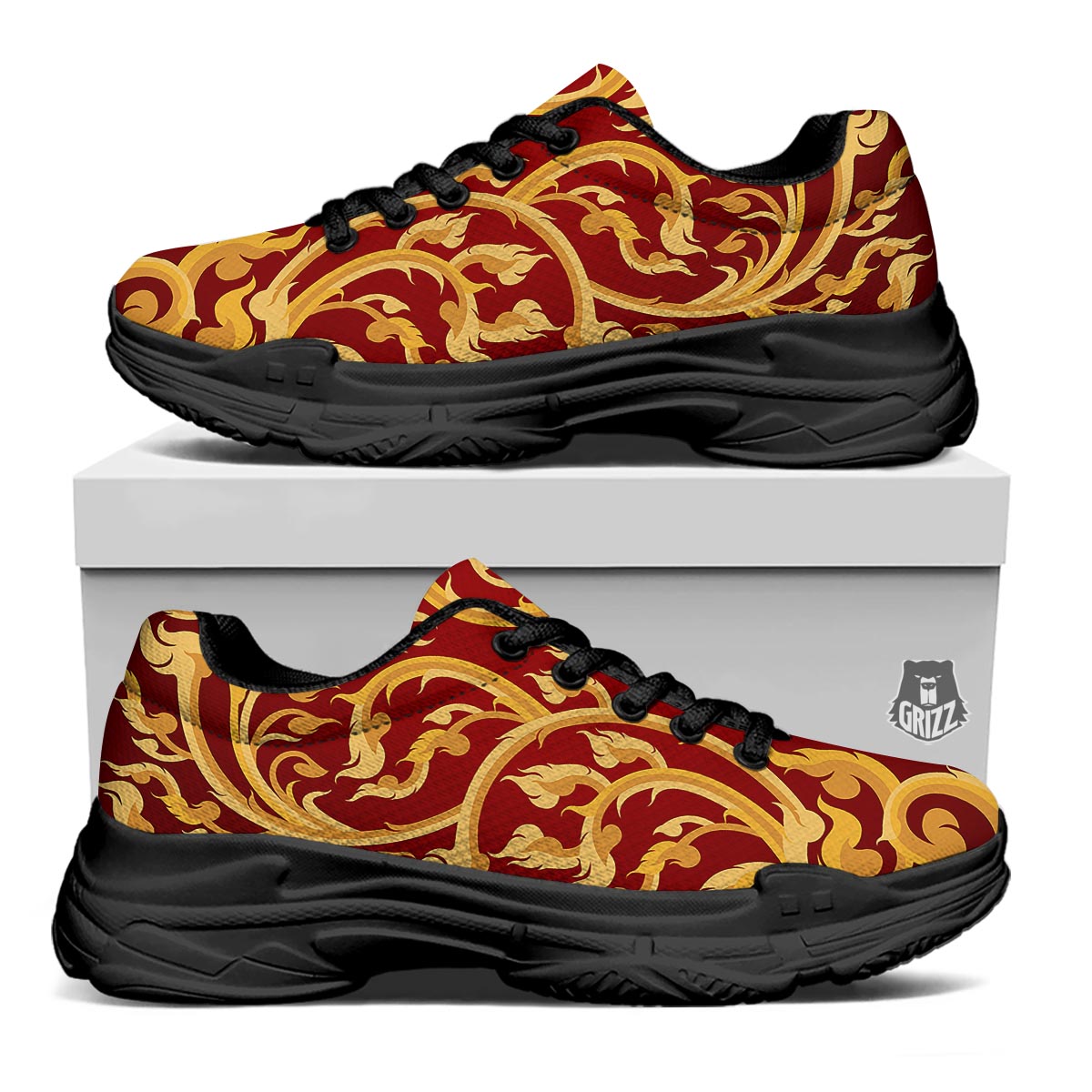 Vines Thai Winding Print Black Chunky Shoes-grizzshop