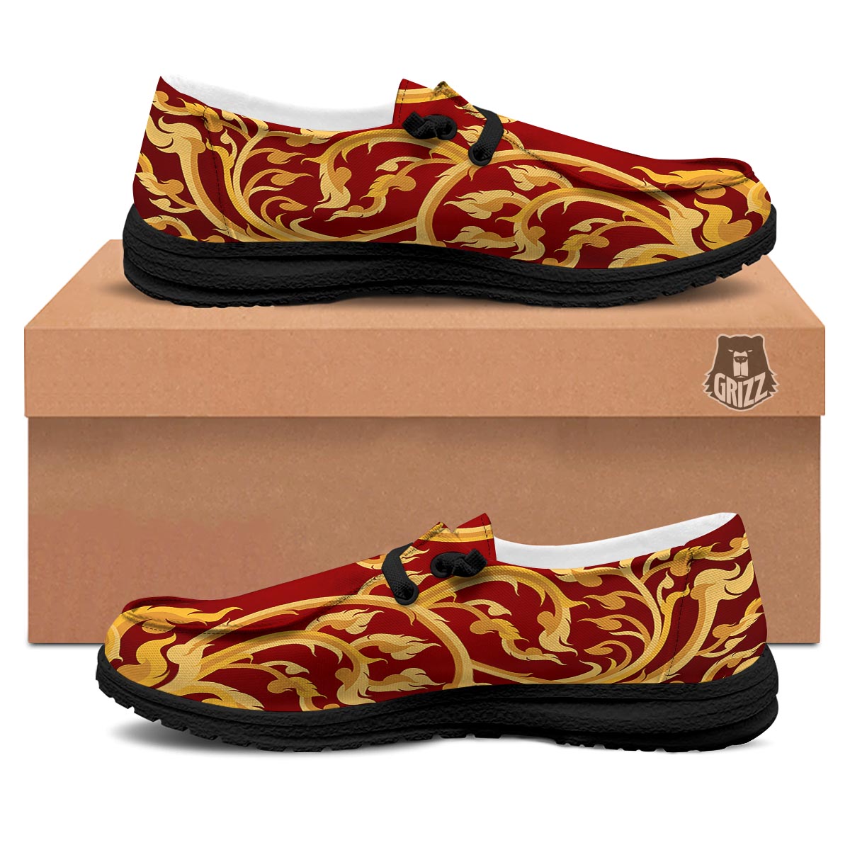 Vines Thai Winding Print Black Loafers-grizzshop