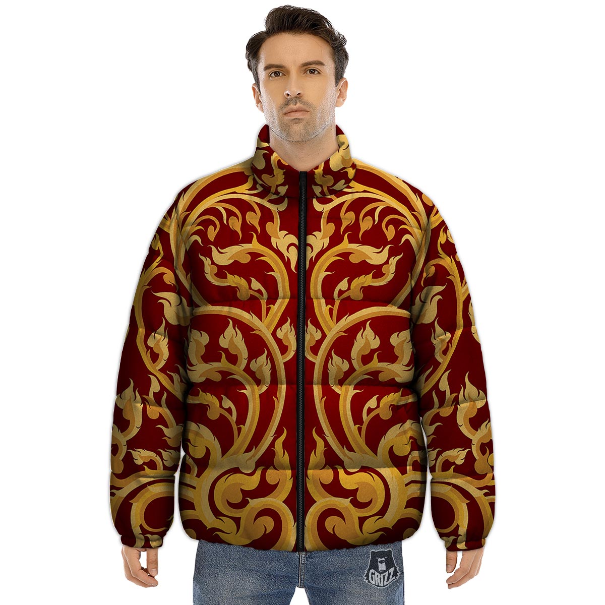 Vines Thai Winding Print Puffer Jacket-grizzshop