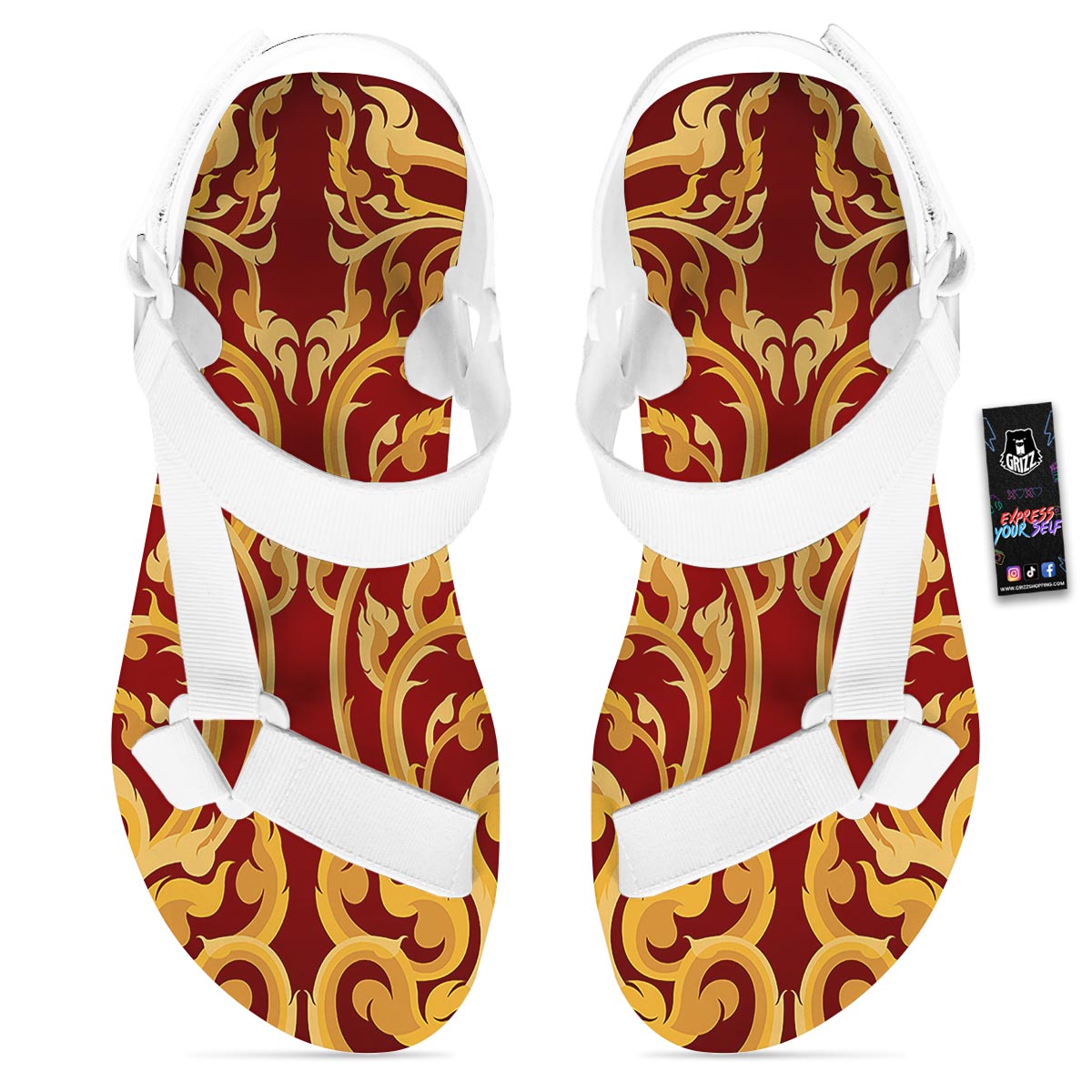 Vines Thai Winding Print White Open Toe Sandals-grizzshop