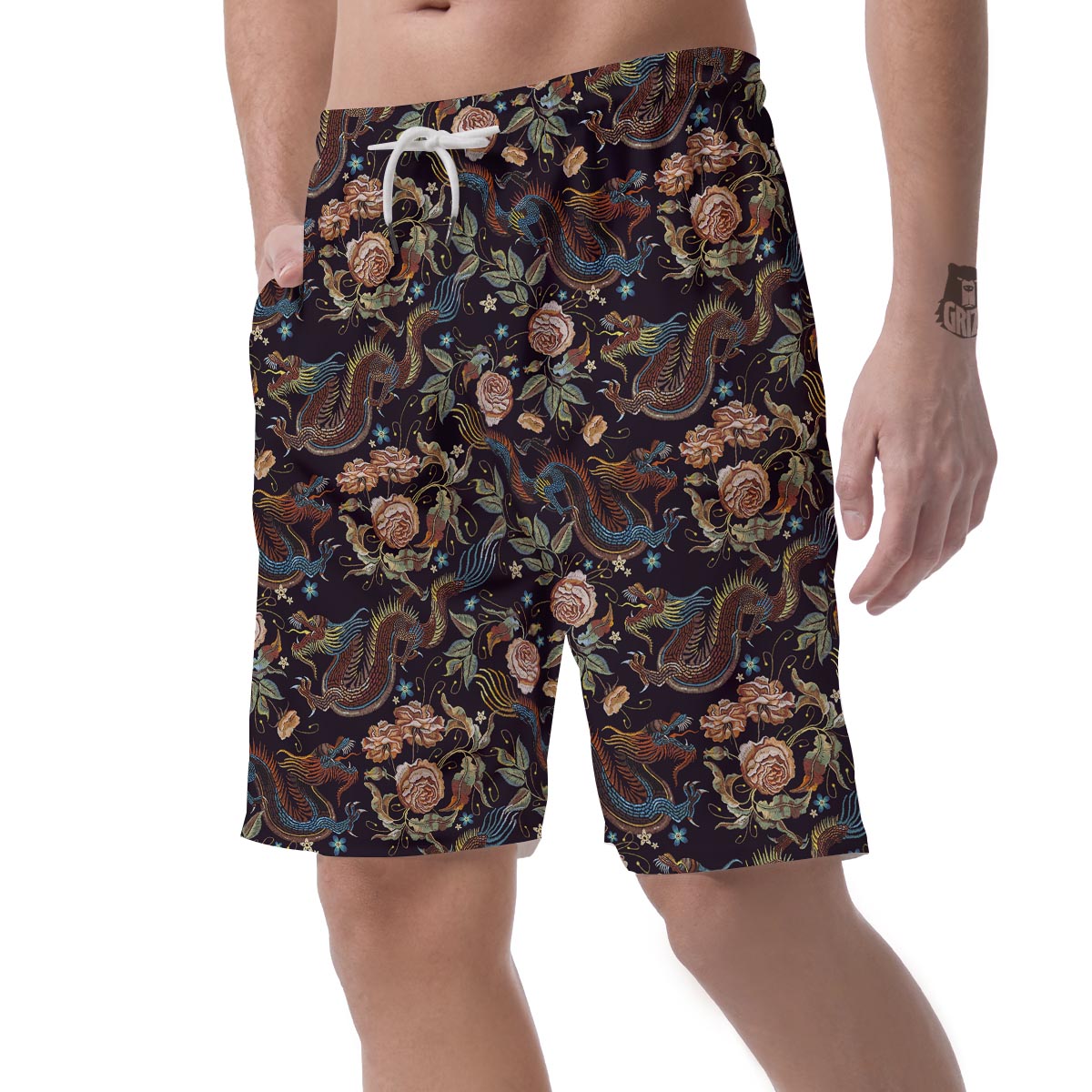 Vintage Chinese Dragon Floral Print Men's Shorts-grizzshop