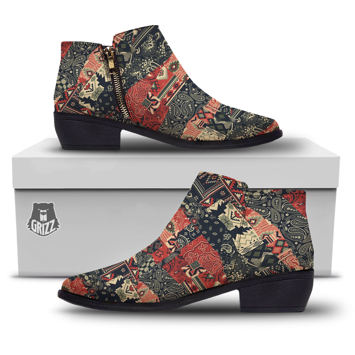 Vintage Color Bandana Patchwork Abstract Print Pattern Ankle Boots-grizzshop