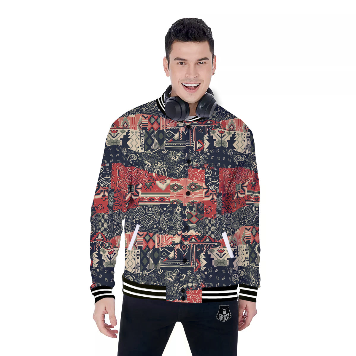 Vintage Color Bandana Patchwork Abstract Print Pattern Baseball Jacket-grizzshop