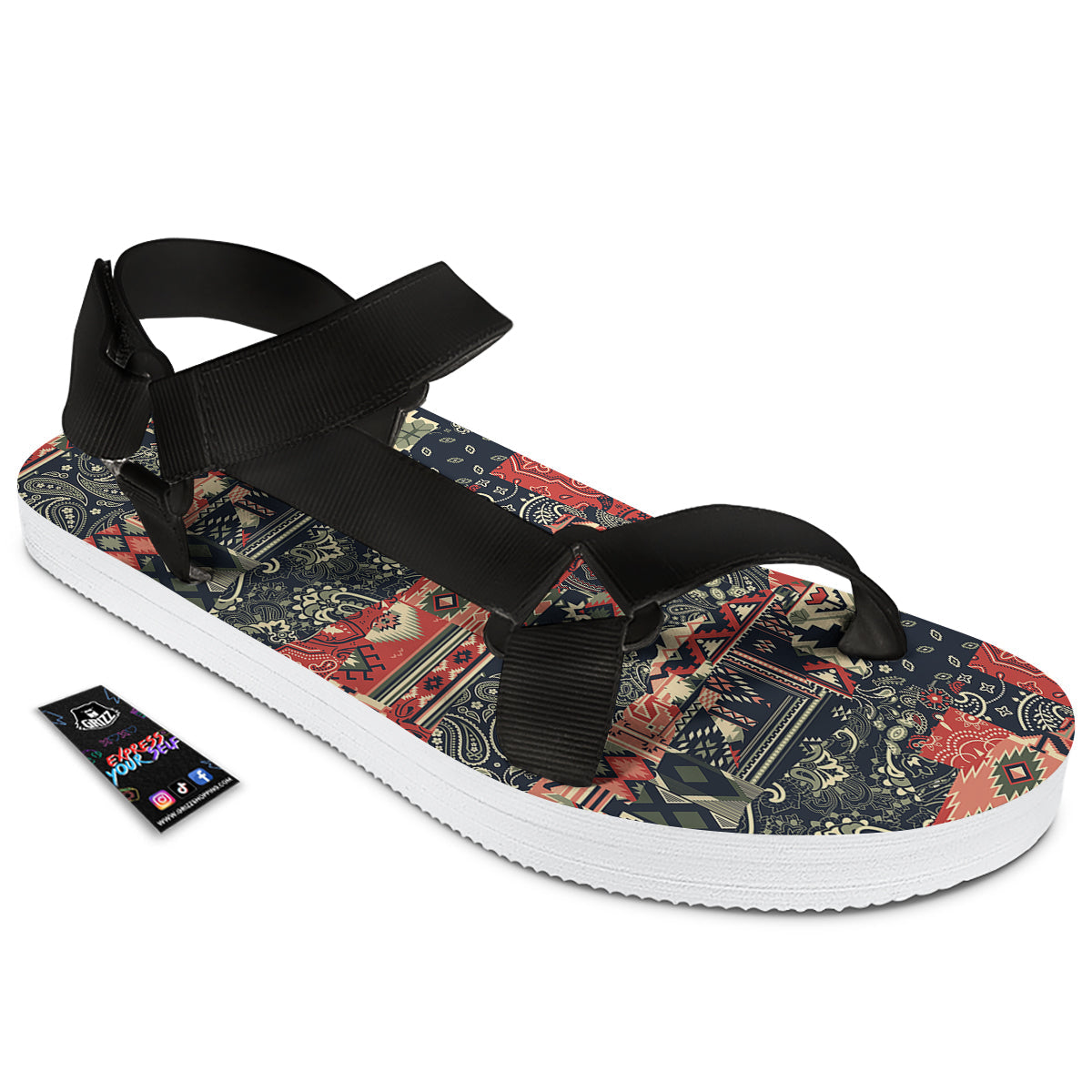 Vintage Color Bandana Patchwork Abstract Print Pattern Black Open Toe Sandals-grizzshop