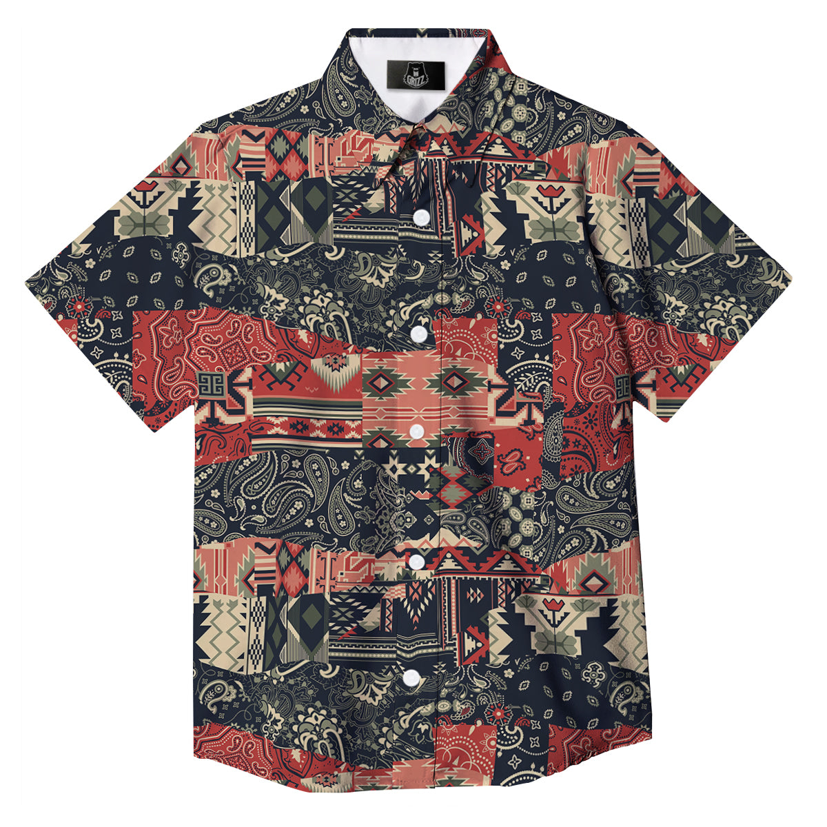 Vintage Color Bandana Patchwork Abstract Print Pattern Button Up Shirt-grizzshop