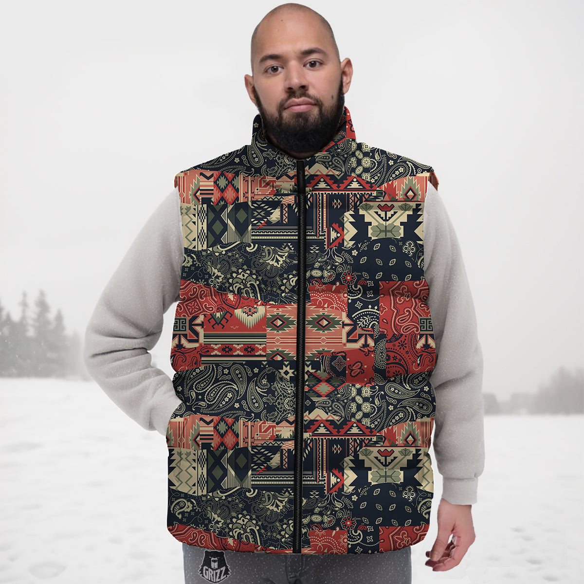 Vintage Color Bandana Patchwork Abstract Print Pattern Down Vest