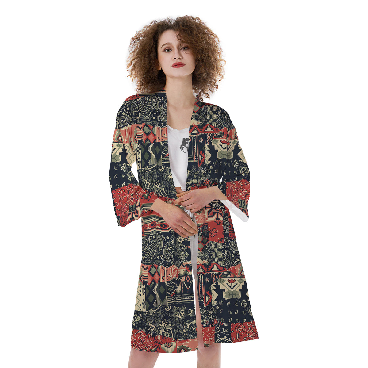 Vintage Color Bandana Patchwork Abstract Print Pattern Kimono-grizzshop