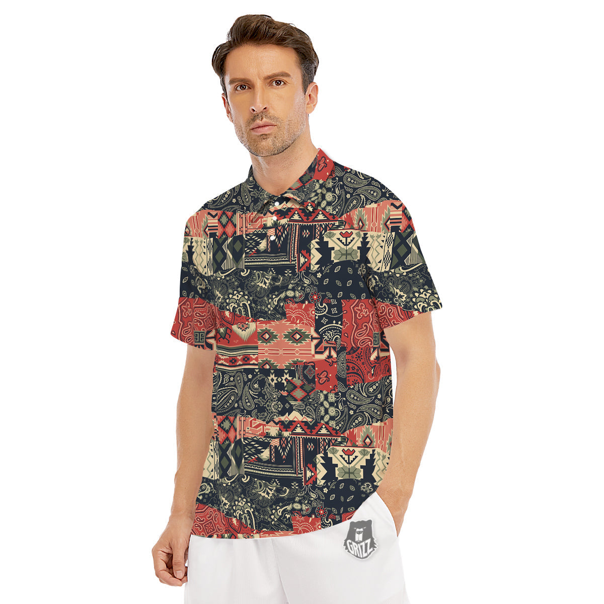 Vintage Color Bandana Patchwork Abstract Print Pattern Men's Golf Shirts-grizzshop