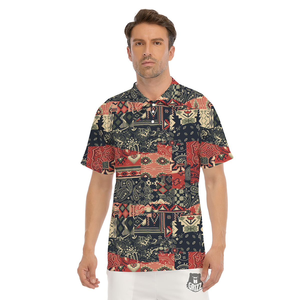 Vintage Color Bandana Patchwork Abstract Print Pattern Men's Golf Shirts-grizzshop