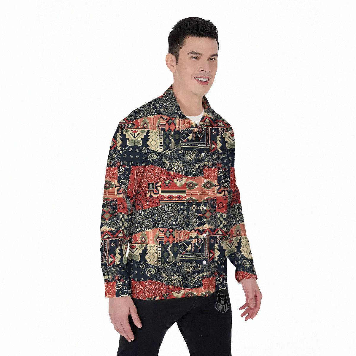 Vintage Color Bandana Patchwork Abstract Print Pattern Men's Long Sleeve Shirts-grizzshop