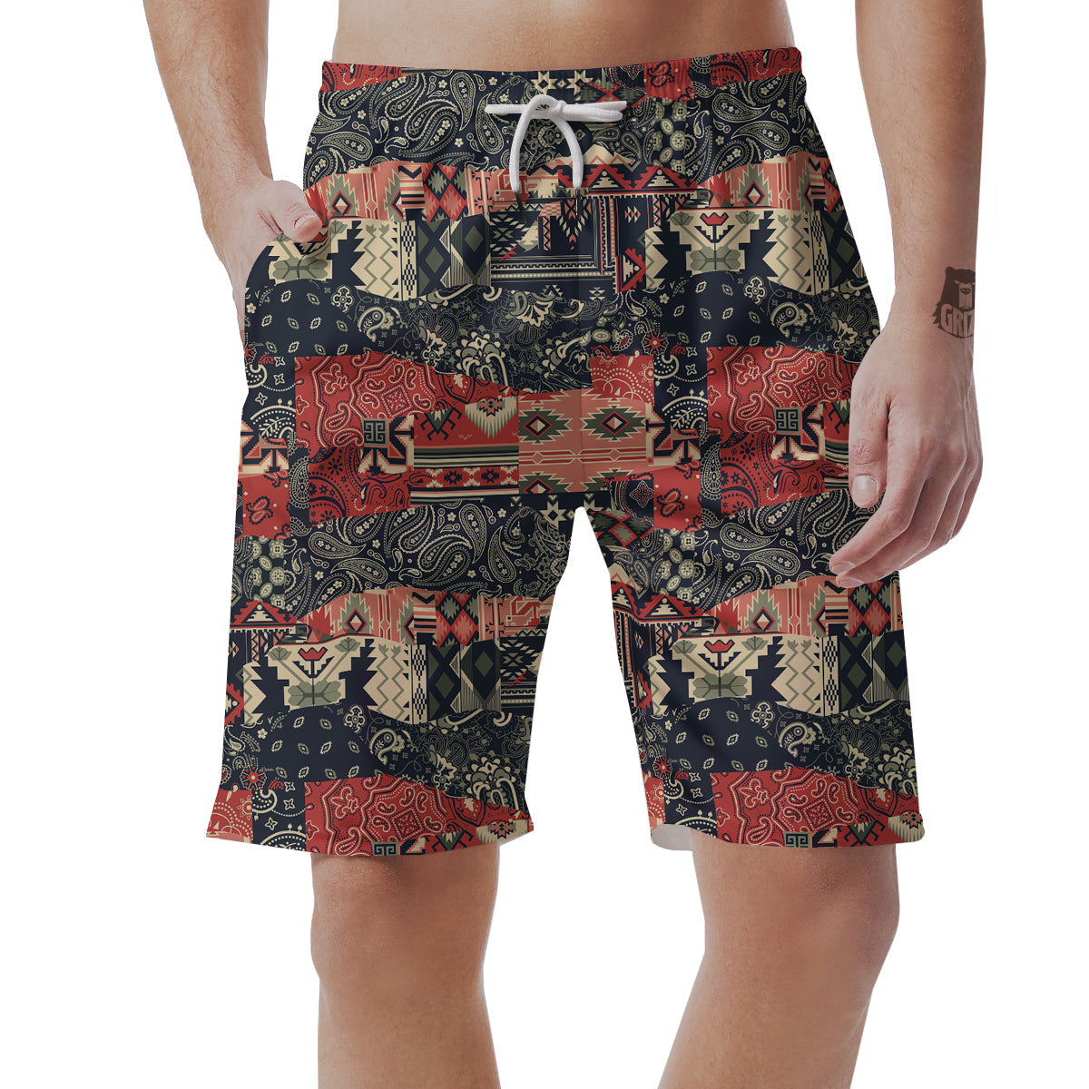 Vintage Color Bandana Patchwork Abstract Print Pattern Men's Shorts-grizzshop