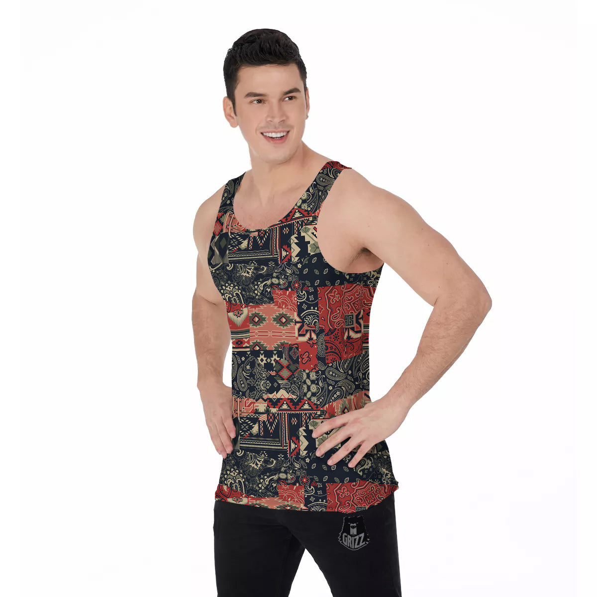 Vintage Color Bandana Patchwork Abstract Print Pattern Men's Tank Top-grizzshop