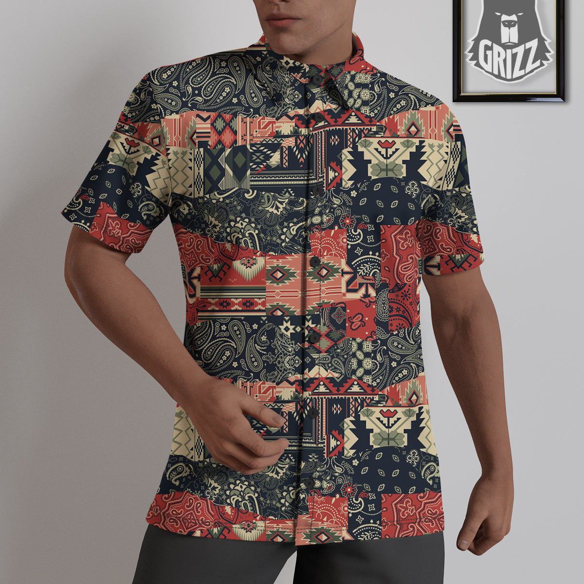 Vintage Color Bandana Patchwork Abstract Print Pattern Untucked Shirts-grizzshop