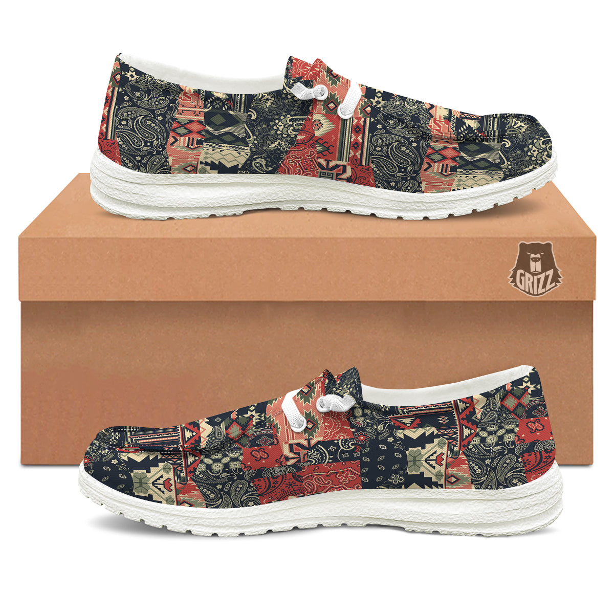 Vintage Color Bandana Patchwork Abstract Print Pattern White Loafers-grizzshop