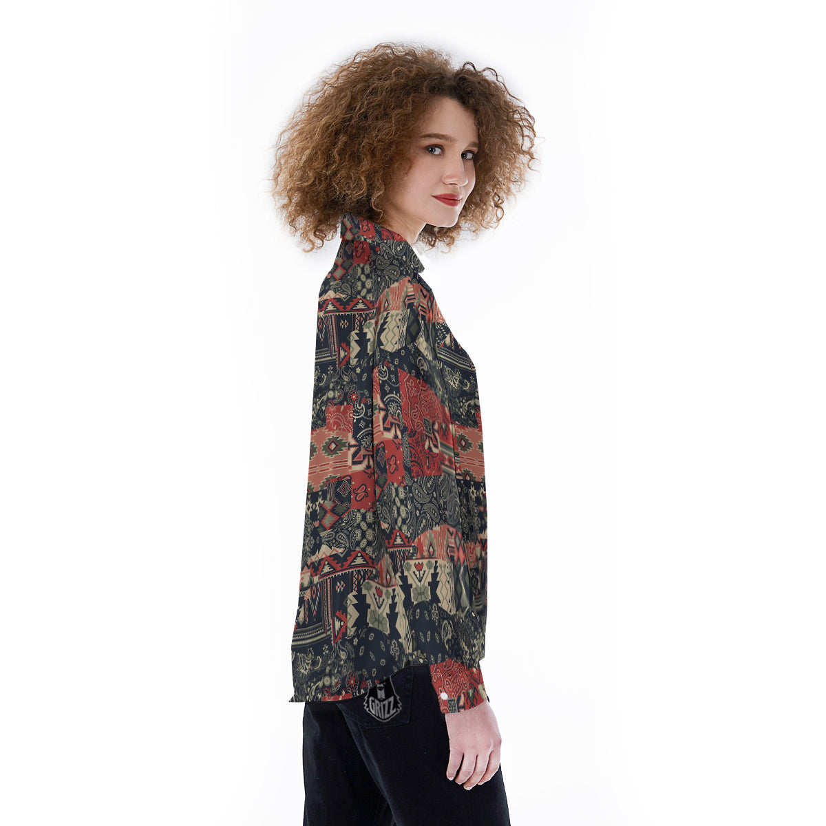 Vintage Color Bandana Patchwork Abstract Print Pattern Women's Long Sleeve Shirts-grizzshop