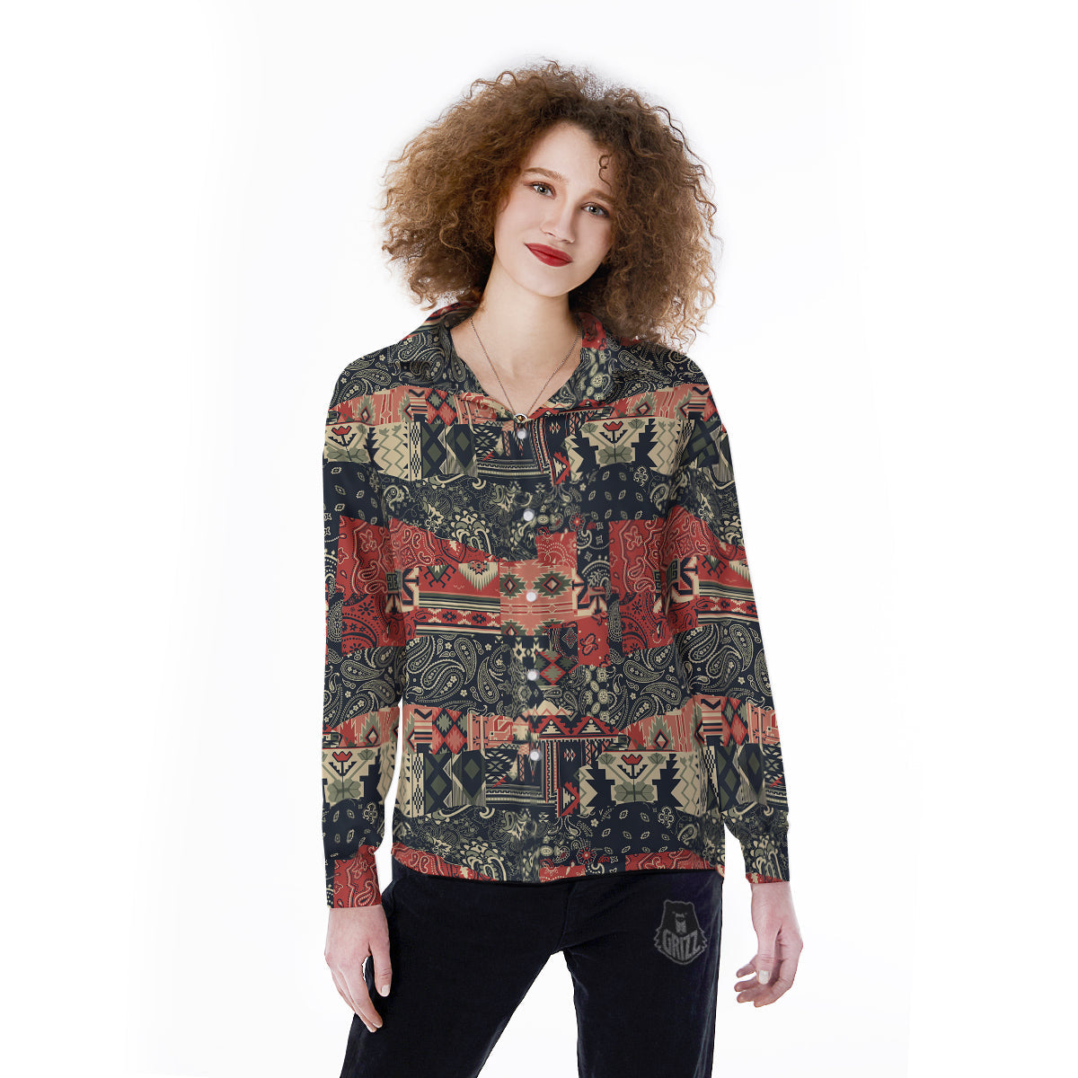 Vintage Color Bandana Patchwork Abstract Print Pattern Women's Long Sleeve Shirts-grizzshop