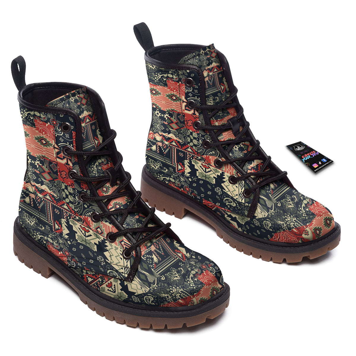 Vintage Color Bandana Patchwork Abstract Print Pattern Work Boots-grizzshop