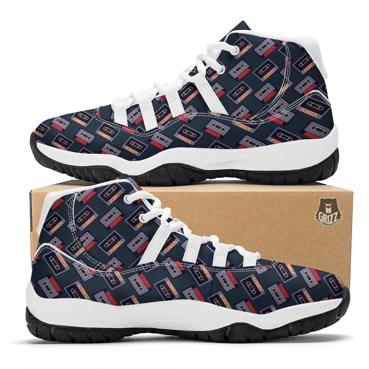 Vintage Color Cassette Print Pattern White Bball Shoes-grizzshop