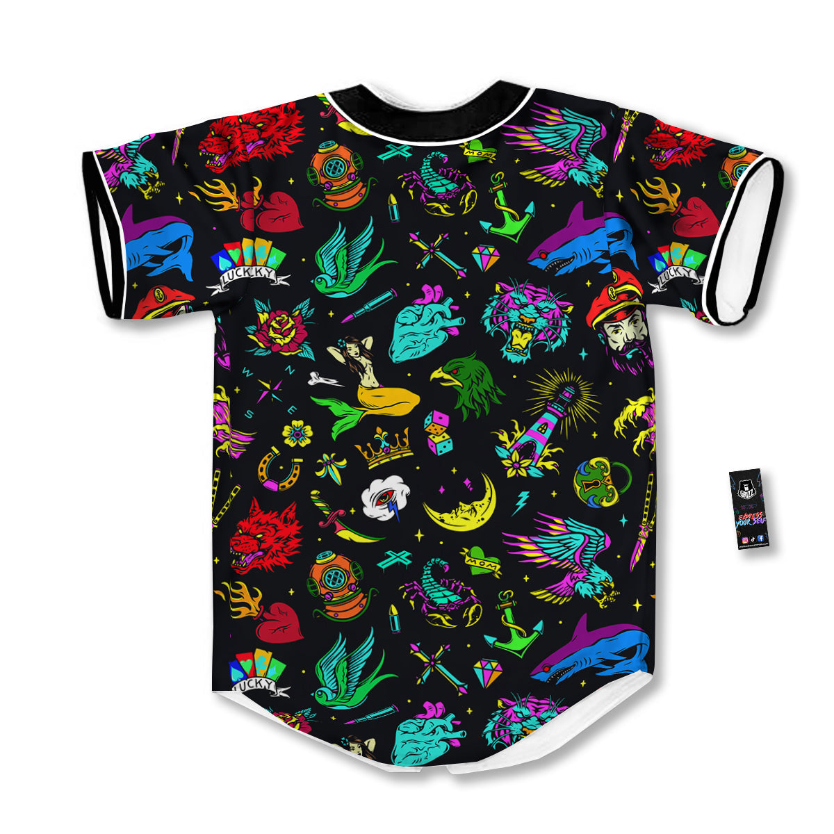 Vintage Colorful Tattoo Print Pattern Baseball Jersey-grizzshop